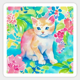 Preppy, cute ginger kitten in a garden watercolor Sticker